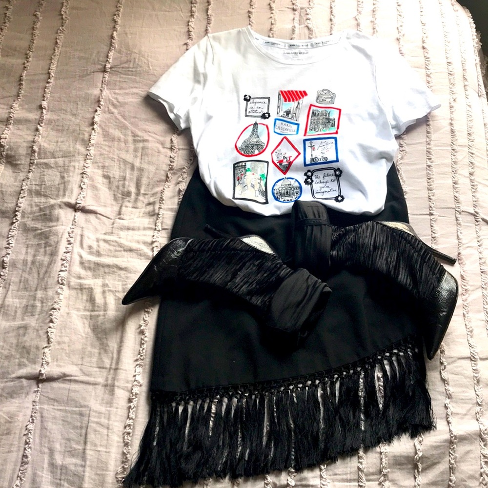 BCBGMaxAzria Black Asymmetrical Fringe Skirt